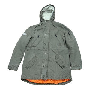 DeFacto Parka Jacket Mens Small Khaki Hooded Sherpa Lined Quilted Slim Fit